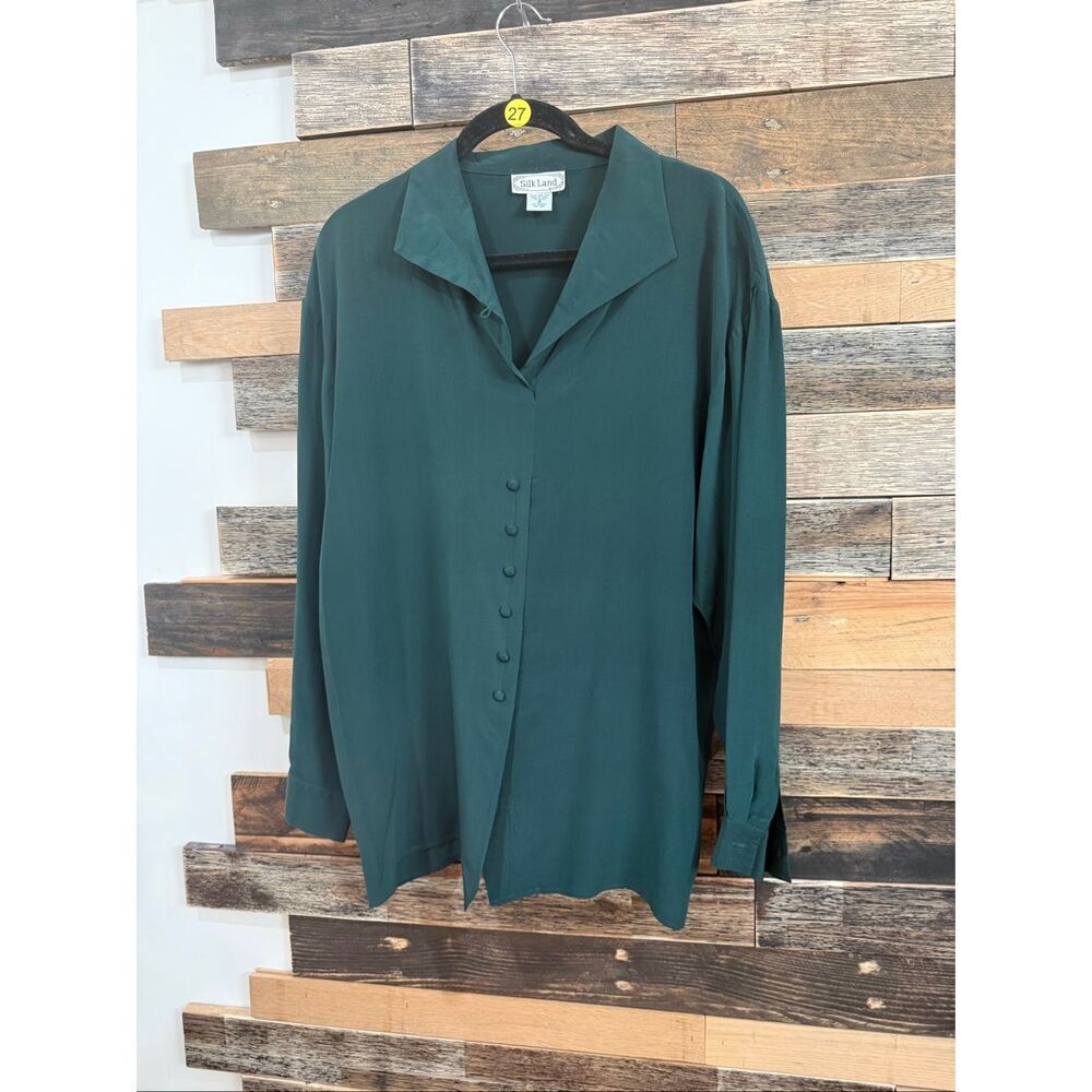 Vintage Silk Land Button-up Blouse - Size Small - Deep Sea Green - 100% Silk